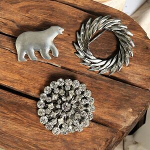 Lot of 3 Vintage Brooches Pin BSK Wreath Rhinestone Starburst Polar Bear